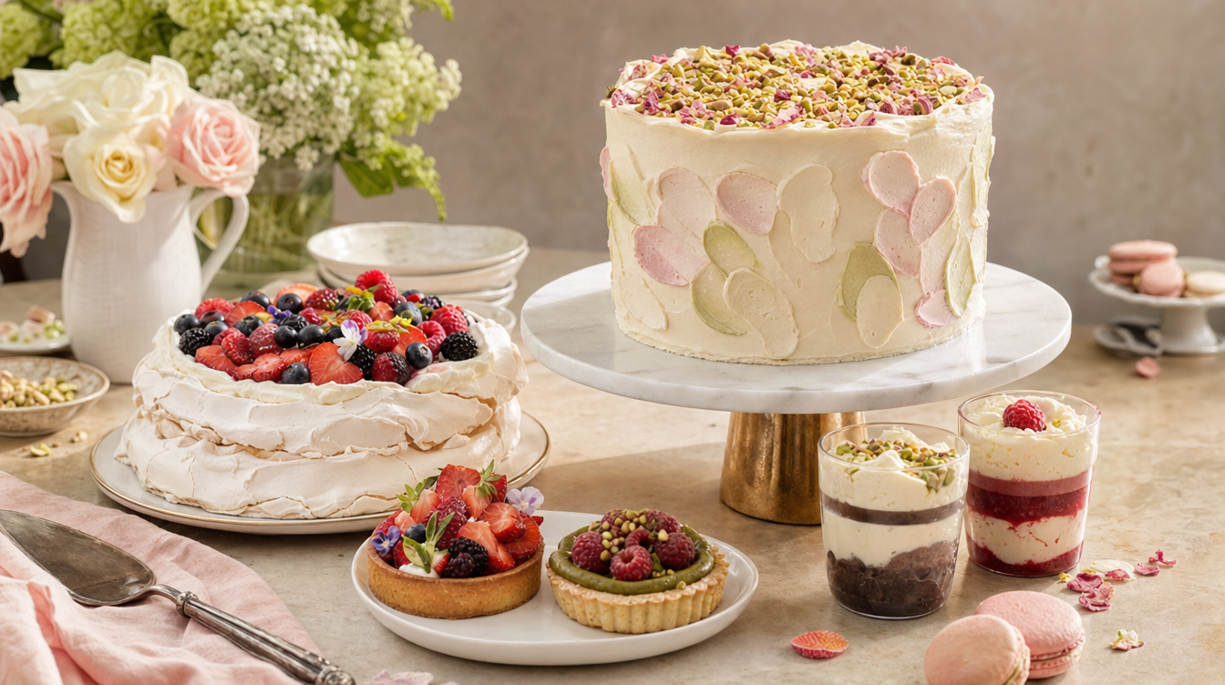 A custom cake that respects the table and the people around it. primary visual